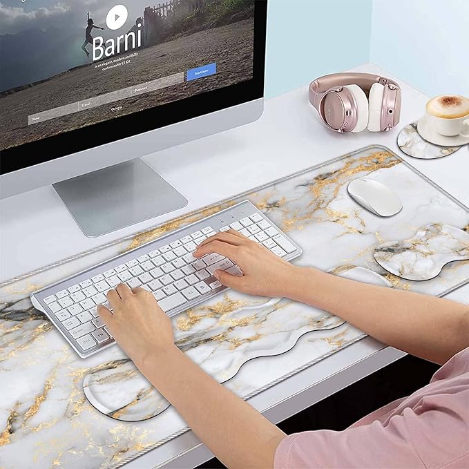 Keyboard Wrist Rest and Mouse Pad Wrist Support Set,Ergonomic Memory Foam Wrist Pad & Non Slip Base for Home Office Working Studying Easy Typing,White Gold Marble