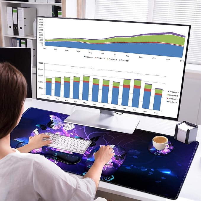 Large Mouse Pad with Wrist Support 4in1 Set, XXL Game Mousepad + Keyboard Wrist Rest+Mouse Wrist Rest+Coaster with Ergonomic Design Gaming Mat for Home Office Table Computer I Purple Butterfly