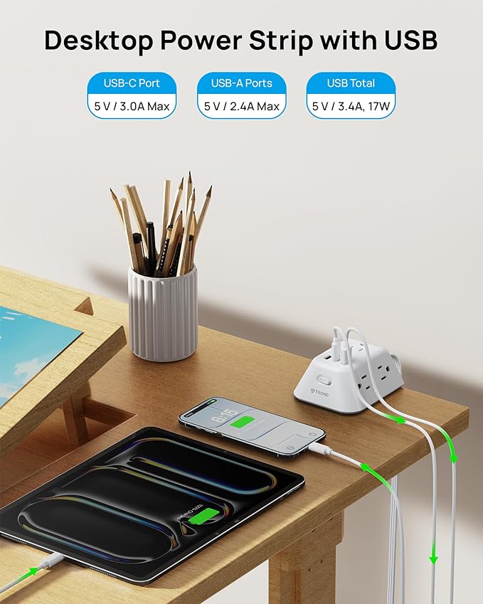 Desk Clamp Power Strip, Surge Protector with 5 AC Outlets and 3 USB Ports, Desk Mount Charging Station, Fit 1.97in Tabletop Edge Thick, 6FT Extension Cord, for Home Office Gaming Accessories, White