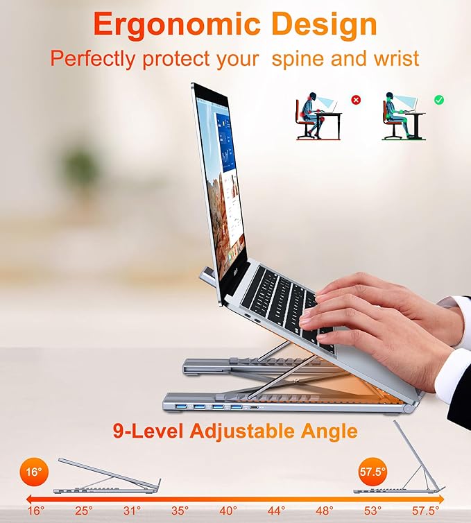 5-in-1 USB C Hub Adjustable Aluminum Laptop Stand, 4-Port USB A 3.0 with 5Gbps Data Transfer USB C Hub Docking Station [Charging Not Supported] for MacBookPro/Air/Dell/HP/Lenovo