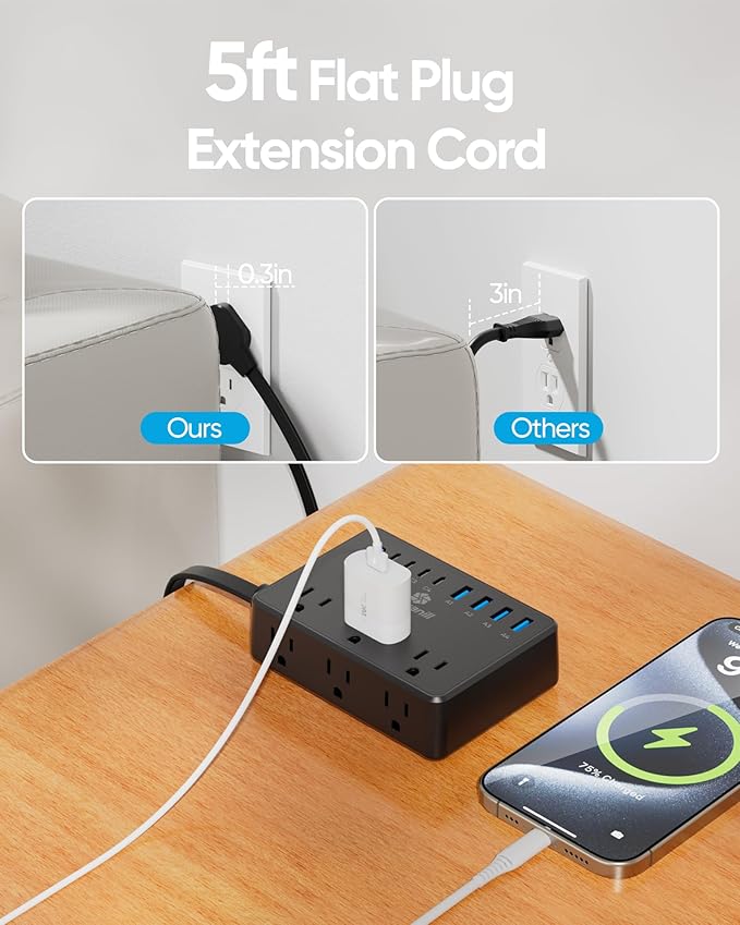 100W Power Strip, 6 AC Outlets 8 USB Ports(4 USB C) with 2000J Surge Protector, 5ft Flat Plug Extension Cord, Compact for Desk Home Office Dorm, Black