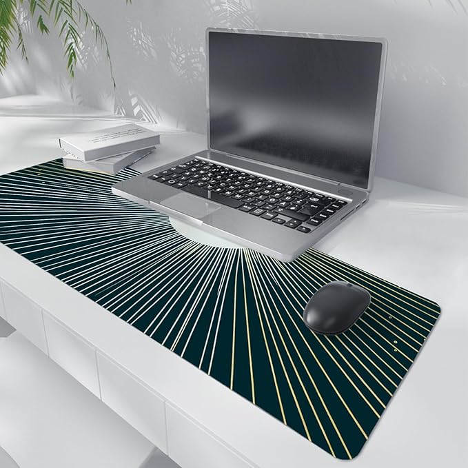 Boho Gold Sunburst Mouse Pad,XL Large Retro Minimalist Art Aesthetic Desk Mat,Dark Green Summer Sun Mousepad for Home Office Dorm Desktop Decor,31.5x11.8 Inch