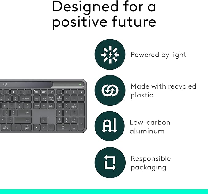 Logitech Signature Slim Solar+ Wireless Bluetooth Keyboard K980 for Business, Quiet Typing, Secure Receiver, Windows, Mac - Graphite