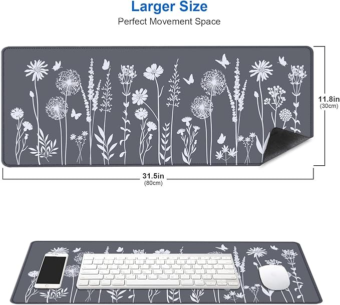 IMAYONDIA Cute Sage Gray Desk Mats Mousepad, Plant Floral Anime Mousepad Deskmat, Aesthetic Desk Pad, Minimalist Grey White Leaves Large Gaming Mouse Pad, Decor Accessories, 31.5 X 11.8