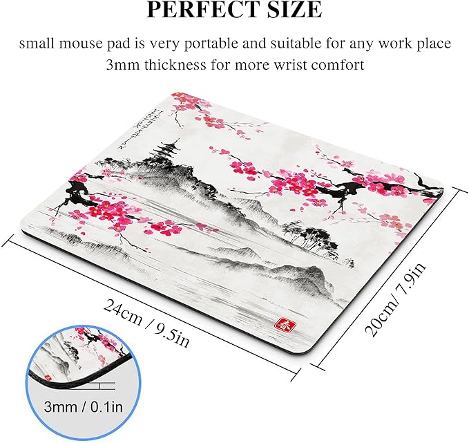 Cherry Blossom Mouse Pad Sakura Japanese Gray Mousepad Desk Grey Pink White Flower Floral Tree Japan Vintage Watercolor Aesthetic Landscape Scenery Computer Gaming Square Art Mat Accessories Travel