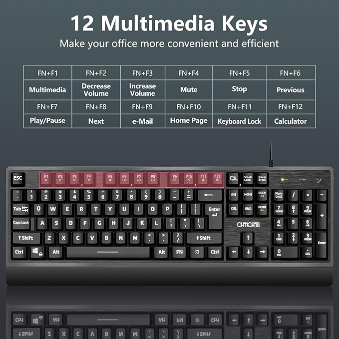USB Wired Keyboard and Mouse Combo with Red-Yellow-Green LED, Silent Gaming Keyboard with 12 Mulitmedia Keys, Light Up Large Print for Elderly, Low Vision, RGB Backlit Mouse for PC Computer PS5 Laptop