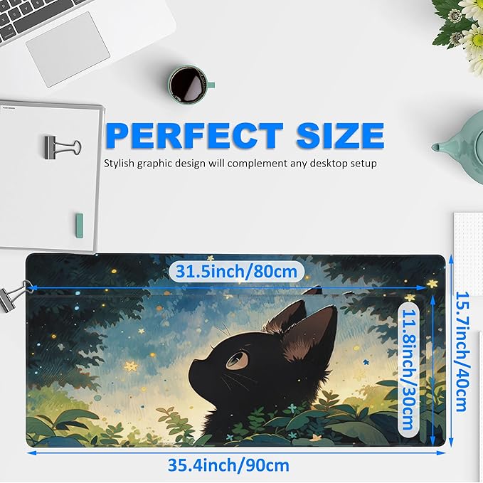 Desk Pad, Anime Cute Black Cat Extended Gaming Mouse Pad Large, 35.4"x15.7" Big Mouse Pad with Non-Slip Base and Stitched Edge, Long Computer Keyboard Mouse Mat for Home Office Work