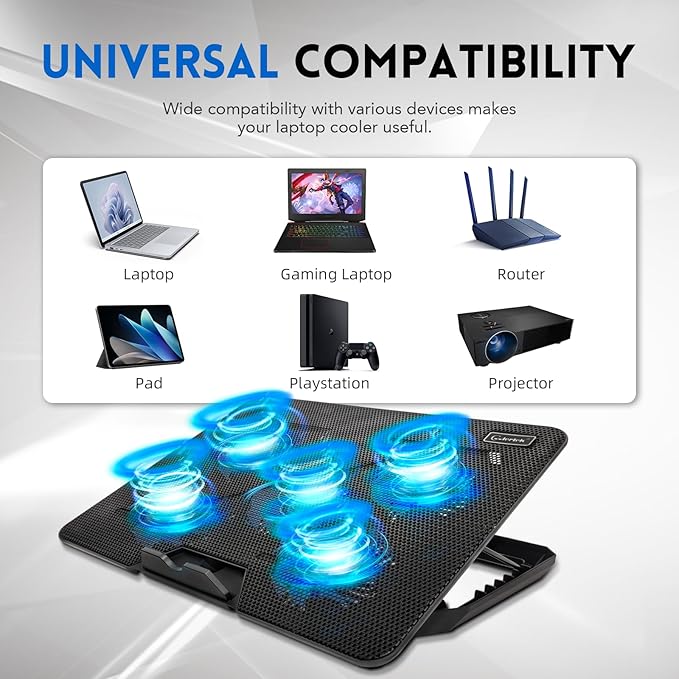 Laptop Cooling pad, ‌Coolertek Laptop Cooler with 5 Silent Fans, Adjustable Height Stand for 12-17 Inch Laptops, Ergonomic Cooling Stand with Dual USB Ports, Portable Cooling Accessories - Black