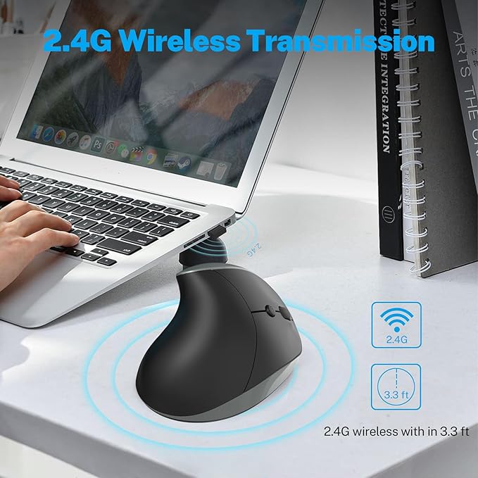 Ergonomic Mouse,Rechargeable Small Vertical Mouse with 6 Buttons Adjustable 800/1200/1600 DPI Purple Wireless Mouse for Laptop, Desktop, PC, MacBook (Gray)