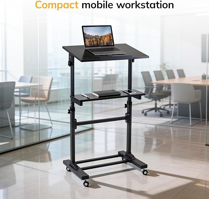 Mount-It! Portable Standing Desk with Wheels, Rolling Mobile Laptop Desk, Height Adjustable Sit Stand Workstation (41.3″–50″), Small Compact Mobile Lectern Podium for Home Office, Classroom & Training