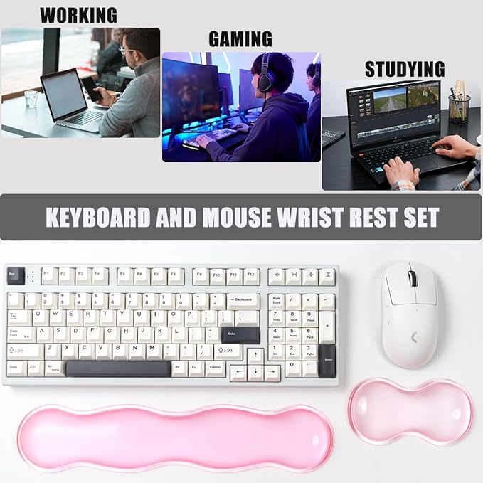 Ergonomic Silicone Gel Keyboard and Mouse Wrist Rest Set – Clear Wrist Rest for Keyboard 60%/68%/75%, Comfort & Support for Typing and Gaming (Light Pink)