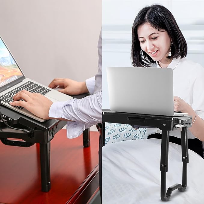 Foldable Laptop Table with Cooling Fan, LED Light, 4 x USB Ports, Mouse Pad & Storage Groove for Laptop Use in Home Office