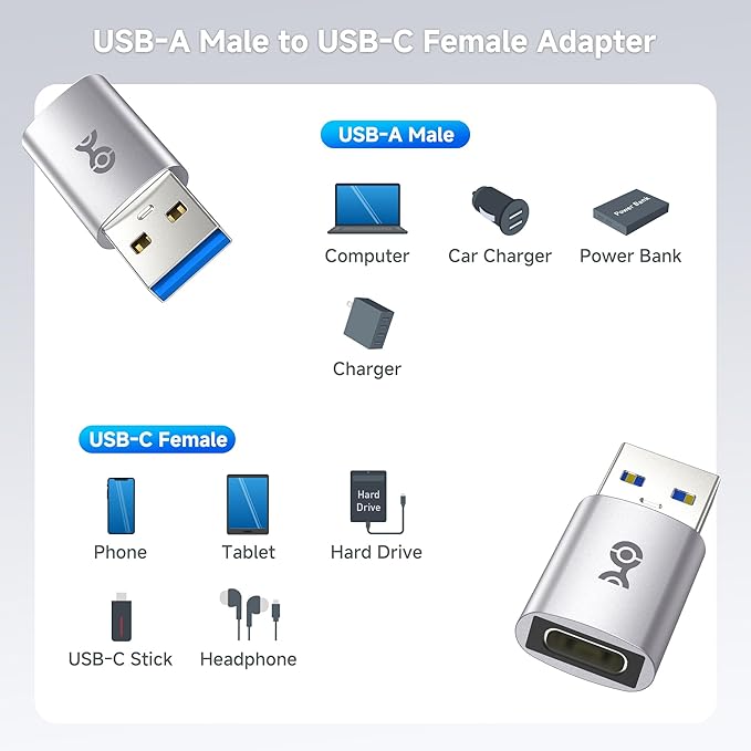Cable Matters 2-Pack 10Gbps USB to USB C Adapter for Fast Charging & High-Speed Data Transfer, Reversible USBC Port, USBA Male to USBC Female Adapter for iPhone 17/16, iPad Pro, Galaxy S23
