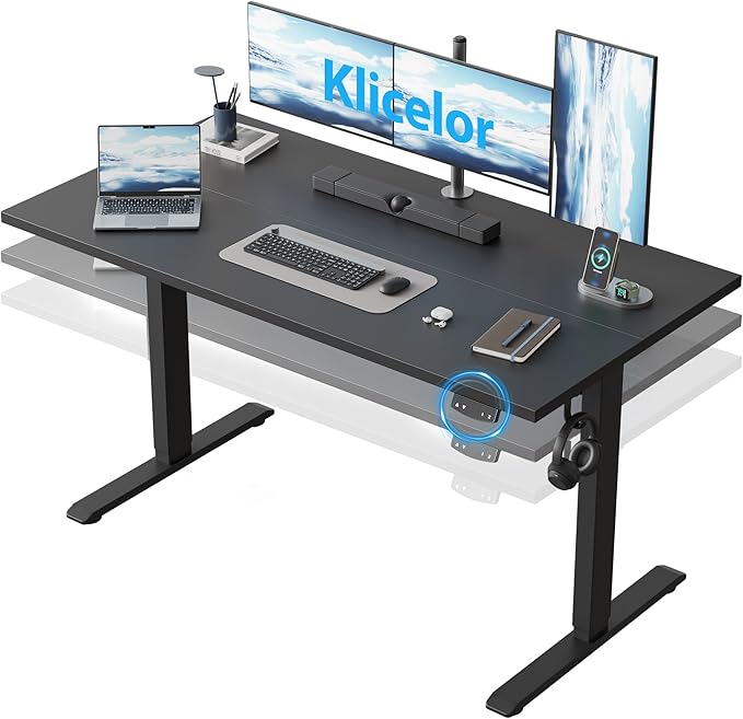 Klicelor 55 Inch Large Electric Standing Desk, Height Adjustable Office Desk, Sit Stand Up Computer Gaming Desk with Memory Preset, Two-Piece Desktop, Black