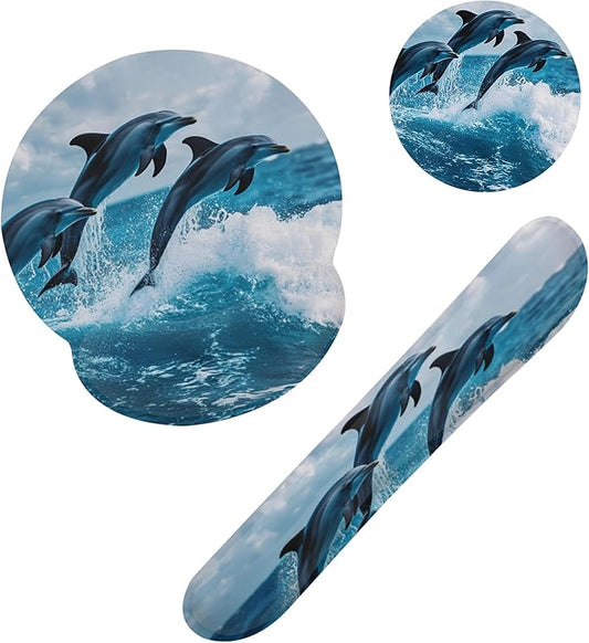 Dolphins in Ocean Ergonomic Wrist Support Keyboard Mouse Wrist Rest Set, Computer Office Comfortable Wrist Rest for Mouse Easy Typing
