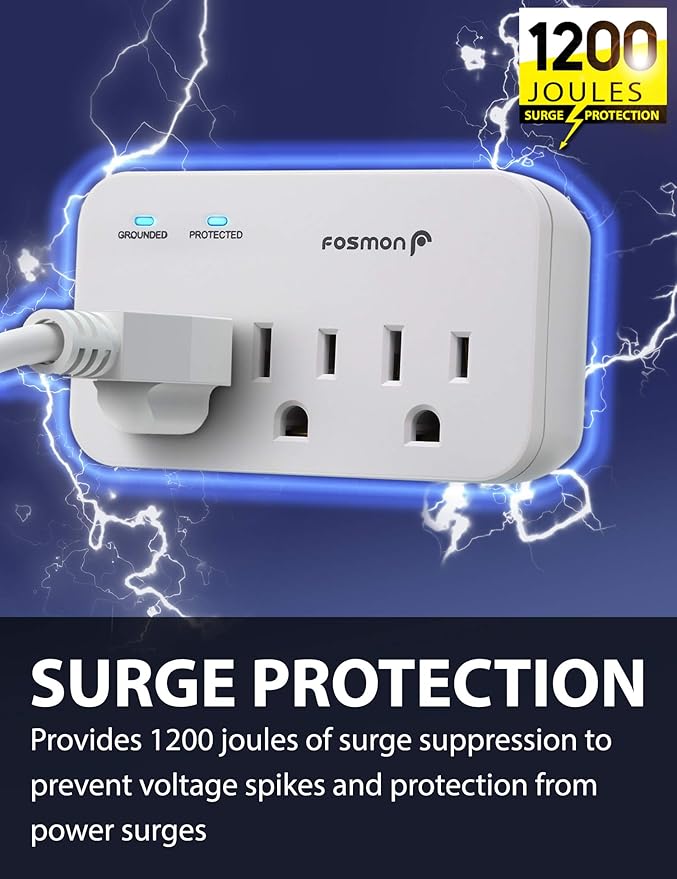 Fosmon Refrigerator Surge Protector, 3 Outlet Heavy Duty Appliance Surge Protector with High Joules for Fridge, Microwave, Washing Machine, Garage Door, 1200J, 1875 Watts, 3 Prong, ETL Listed- 2 Pack