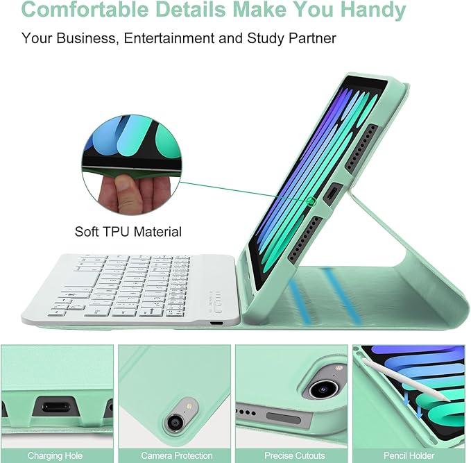 BORIYUAN iPad mini 6 Keyboard Case 2021, Detachable Wireless Bluetooth Keyboard Slim Folio Smart Cover with Build-in Pencil Holder for iPad mini 6th Generation 8.3 inch – Light Green