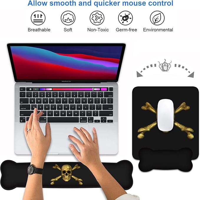 Wrist Rest Support Ergonomic Gel Mouse Pad & Memory Foam Keyboard Set, Non-Slip Rubber PU Base for Home Office Working Studying Easy Typing & Pain Relief, Skull