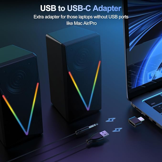 Computer Speakers, Desktop PC Speakers with 6 Colorful RGB Lights, Headphone Jack, Enhanced Bass and Volume Control, USB Powered & 3.5mm Aux Gaming Speakers for Laptop Monitor PC Tablet Phone