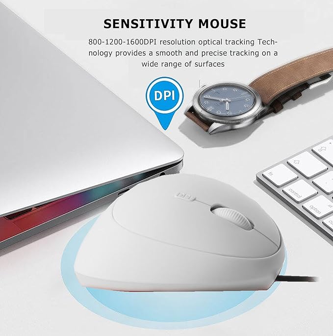 Wired Vertical Mouse, Ergonomic Optical USB Cord PC Gaming Mice 800-1200-1600 DPI Portable Silent Mause for Laptop Desktop Office Use (White)