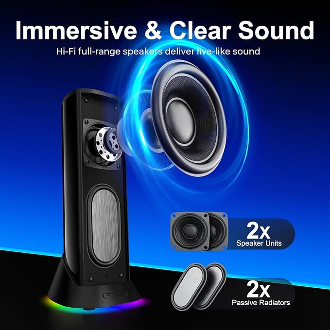 Nylavee Computer Speakers for Desktop PC, Immersive Sound with RGB Lights, USB/USB-C Powered & 3.5mm AUX-in Plug-and-Play Speakers for Monitor & Laptop