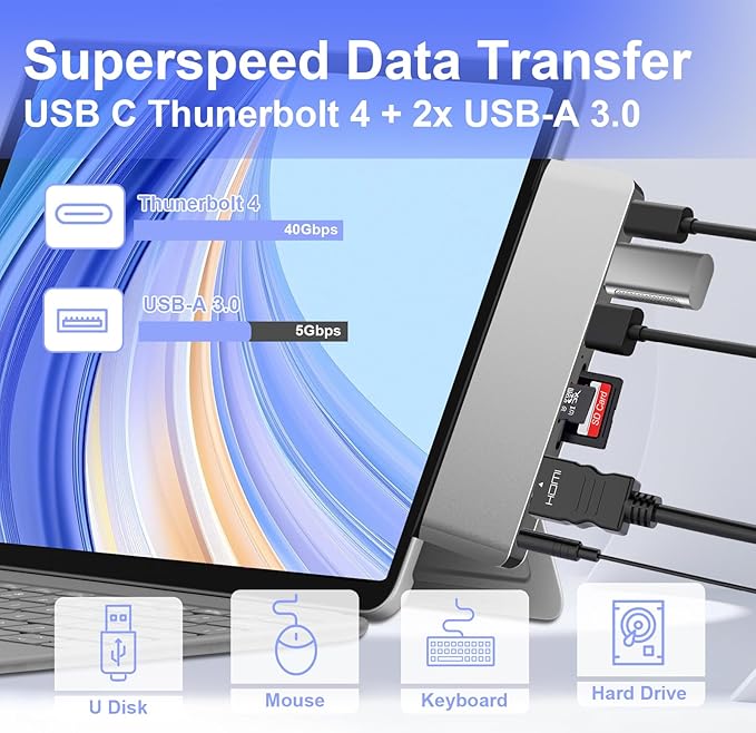 Surface Pro 12 Accessories Docking Station, USB Hub and Adapter with 4K HDMI, USB-C Thunderbolt 4 (Display+Data+100W PD), 2 USB 3.0, 3.5mm Audio, SD/TF Card Slot for Surface Pro 12 inch 2025