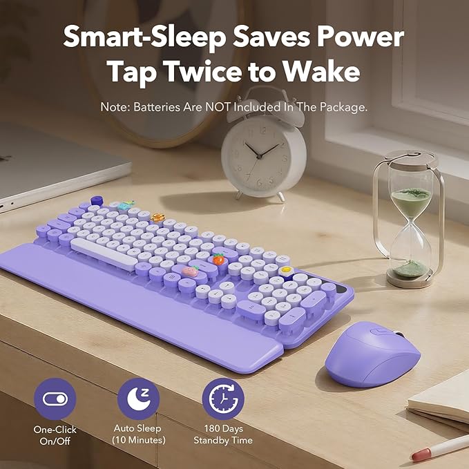 Wireless Keyboard and Mouse Combo, Round Keycaps, Full-Size Retro Typewriter Keyboard with Magnetic Wrist Rest, Sleep Mode & Tilt Legs, 2.4GHz Cordless Connection for Mac, Windows PC (Lilac Purple)