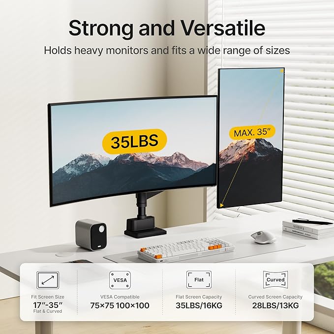 monTEK Dual Monitor Mount Tall Monitor arms for 2 Monitors for 17 to 35 Inch Curved Screen Holds 35 Lbs Adjustable Heavy Duty Monitor Desk Mount Cable Management, VESA 75/100mm