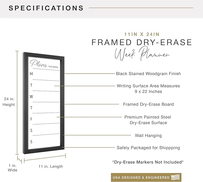 MCS Dry Erase Weekly Planner 11x24 Black Framed Calander Whiteboard for Wall, Plan Your Week with Family Weekly Planner for Dinners, Sports, Events & More