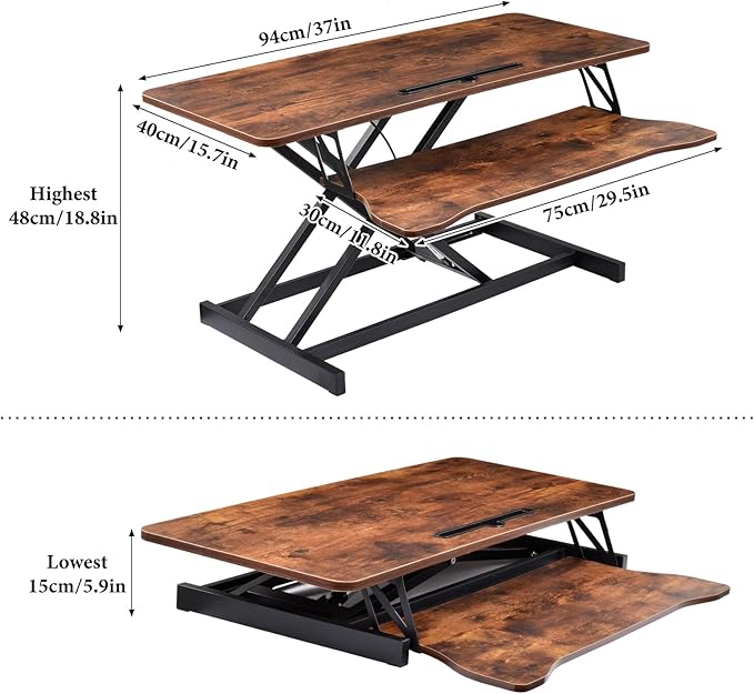 37" Desk Converter, Height Adjustable Stand Up Desk Converter, 2 Monitor Standing, Sit to Stand, Quick Sit to Tabletop, Riser Workstation with Wide Keyboard Tray