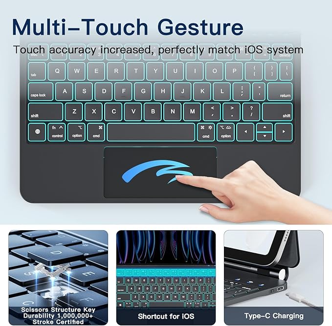 for iPad Air 11 inch Case with Keyboard (M4/M3/M2, 2026/2025/2024), iPad Pro 11 (4th/3rd/2nd/1st Gen) & Air 5/4th Magic Keyboard Case, 11 Colors Backlit, Multi-Touch Trackpad, Black