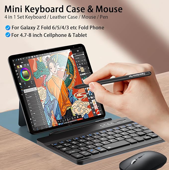 for Samsung Galaxy Z Fold 7 6 5 Keyboard and Mouse, Portable Mini 7.9 inch Bluetooth Keyboard with Leather Case and Capacitive Pen, 4 in 1 Set for Z Trifold Fold7 Accessories,Green