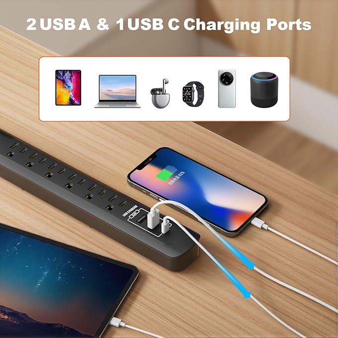 2 Pack Power Strip Surge Protector - 5Ft Extension Cord with 6 Outlets with 3USB Ports(1 USB C) Port, 1875W/15A, Flat Plug, Wall Mount Desk Charging Station for Home Office, Dorm Room