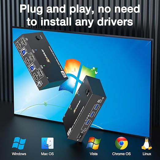 HDMI KVM Switch 2 Monitors 2 Computers 8K@60Hz 4K@144Hz, USB 3.0 Dual Monitor KVM Switch for Running 2 Computers Across 2 Monitors, Sharing 4 USB 3.0 Devices, with Wired Remote & USB Cable
