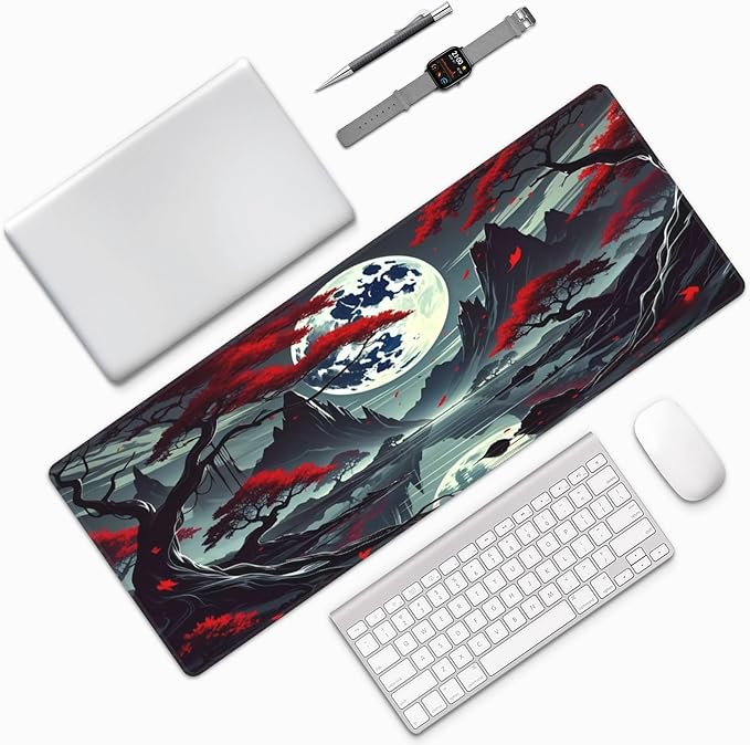 Japanese Dark Red Moon Desk Mat Large Gaming Mouse Pad Dark Red Moon Extended Mousepad Big in Laptop Computer Mouse Keyboard Mat for Office Desk Decor 31.5x12 in