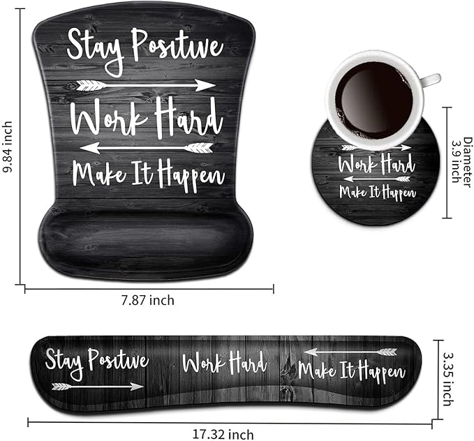Keyboard Wrist Rest Pad and Ergonomic Mouse Pad Wrist Support Set Stay Positive Work Hard and Make It Happen for Gaming,Office, Comfortable and Pain Relief with Coaster Set