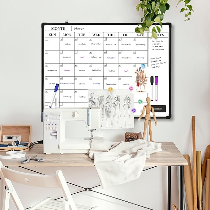 Monthly Whiteboard Calendar for Wall, 24" x 18" Dry Erase Board with Plastic Frame, Hanging Dry Erase Calendar with 3 Mini Sticky Notes for Kitchen Planner, Memo, Home and Office, Black