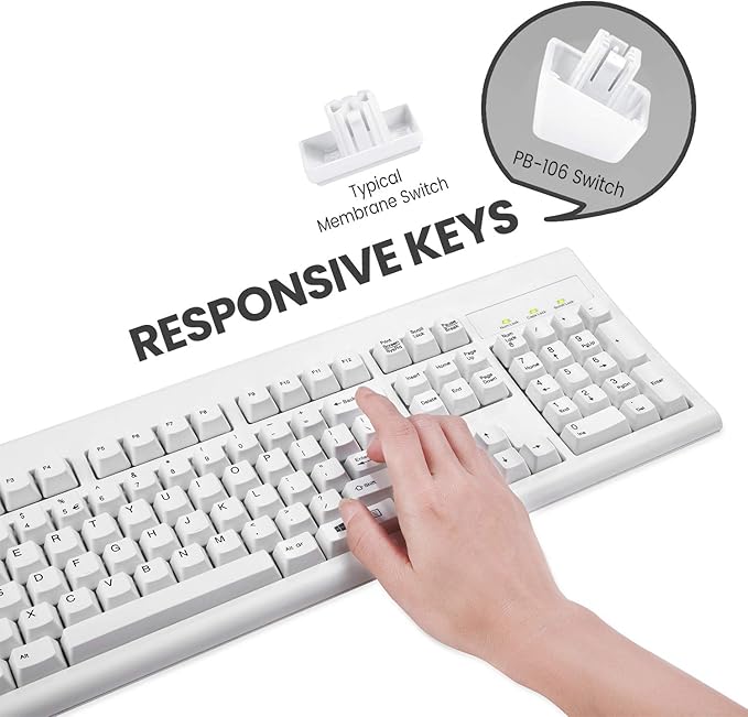 Perixx PERIBOARD-106 US W, Performance wired keyboard - 20 Million Key Press Life - Full Size 17.9"x6.6"x1.7" - White