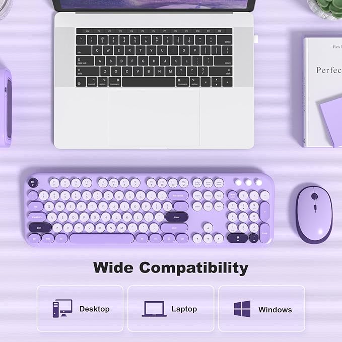 MOFII Wireless Keyboard and Mouse Combo - Pale Violet Full Sized Plug and Play Colorful Computer Keyboards - 104 Keys Round Keycap USB 2.4G Cute Keyboard for Windows/Laptop/Mac/Desktop/PC