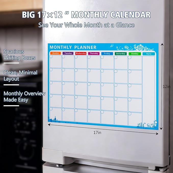 Magnetic Calendar for Refrigerator, 17×12" Fridge Calendar Whiteboard Calendar with Markers and Eraser, Monthly Dry Erase Family Planner with Side Notes for Lists, To-Do Tasks Monday Start