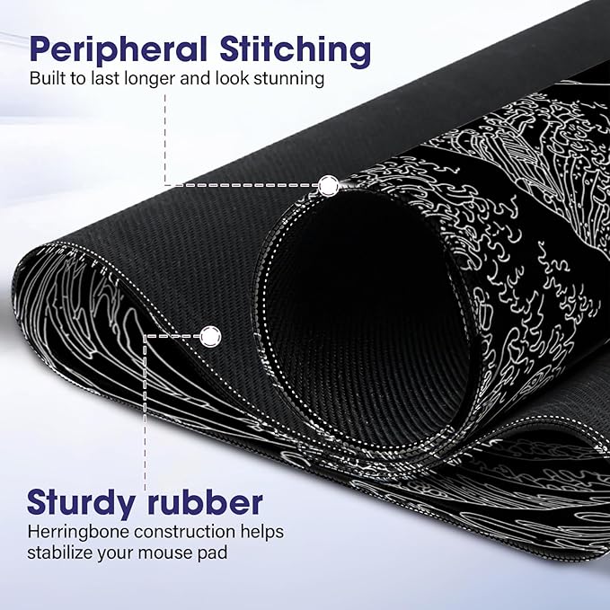 LifetimeWarrantly Japanese Sea Wave Large Gaming Mouse Pad – 31.5" x 15.7" Full Desk Mat, Non-Slip Rubber Base, Waterproof, Stitched Edges, Durable Surface for Esports, Office, Home