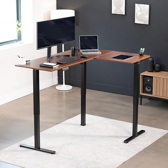 VIVO Corner Standing Desk, 63 x 47 inch Reversible L-Shaped Workstation, Electric Height Adjustment, Home, Office, and Reception Rooms, Dark Walnut Table Top Black Frame, DESK-E3CTD-47