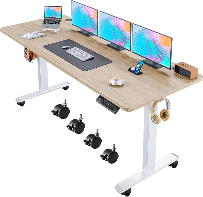 Electric Adjustable Standing Desk with Wheels, 63'' x 24''Sit Stand Desk with Dual Crossbeam Structure and Mouse Pad, 27''-46'' Lifting Range Stand up Desk(Oak)
