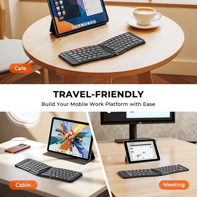 MEETION New Ergonomic Bluetooth Foldable Keyboard, Split Compact Portable Wireless Keyboard for Business Travel, Rechargeable Folding Keyboard for Tablet PC Smartphone iOS Android Windows Mac Black