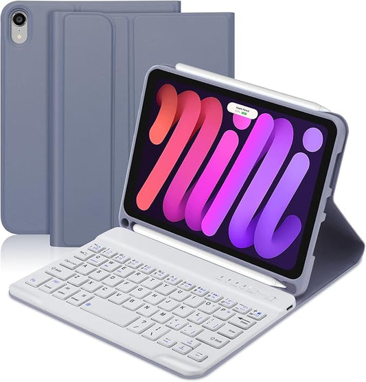 BORIYUAN iPad mini 6 Keyboard Case 2021, Detachable Wireless Bluetooth Keyboard Slim Folio Smart Cover with Build-in Pencil Holder for iPad mini 6th Generation 8.3 inch – Lavender