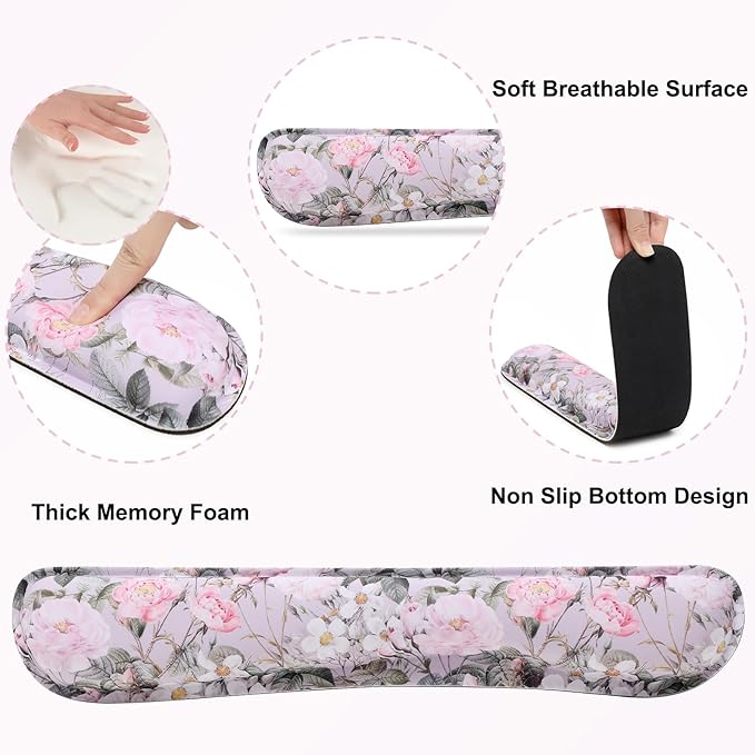 MEGREZ 4-in-1 Ergonomic Memory Foam Wrist Rest Set, Desk Pad, Mouse Pad with Wrist Rest, Keyboard Pad, Suitable for Office Workers, Programmers & Gamers–Relieve Typing & Gaming Fatigue, Pink Flowers