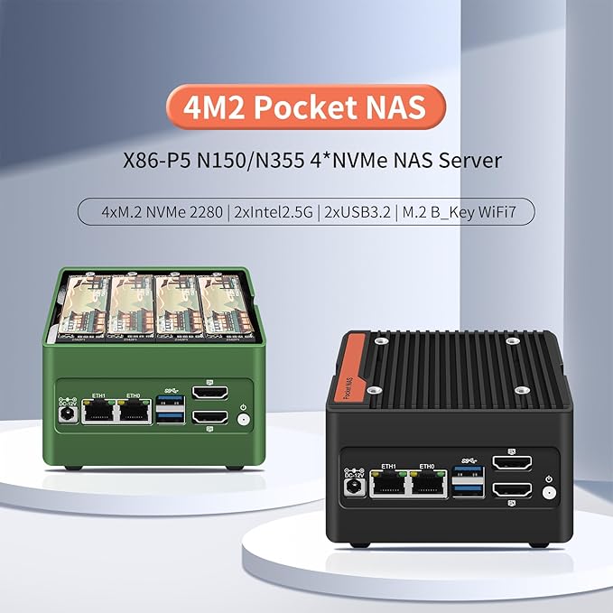 4-Bay NAS Twin Lake N355(8C/8T,up to 3.9 GHz),4X M.2 NVMe Slot Mini NAS Server with Dual i226-V 2.5GbE LAN,Dual HDMI 2.0,USB3.2 Gen2,Support BT5.4/WiFi6/WiFi7 Pocket PC (Intel N355, NO RAM NO SSD)