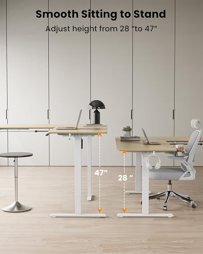 63 Inches Reversible L Shaped Standing Desk for Home Office, Electric Height Adjustable Corner Computer Desk, Sit Stand up Table with Cup Holder, Ergonomic Gaming Desk, Oak