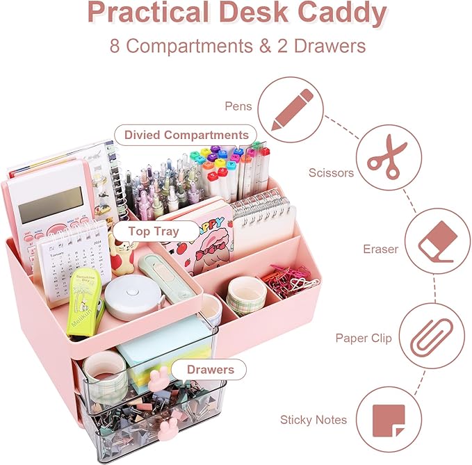 Desk Organizer, Makeup Organizer with 2 Drawers, 7 Compartment & a Top Tray, Desktop Organizers and Storage for Women, Cute Home organization Bathroom, 11" x 5.7" x 4.7" (Pink)