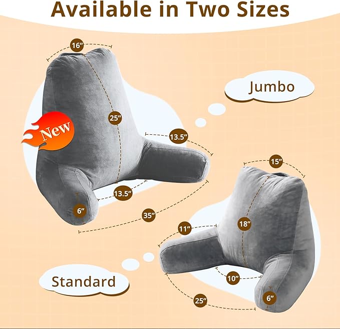 Sasttie Reading Pillows for Sitting in Bed Adult, Velvet Back Pillow Bed Sitting Up, Back-Rest Support Cushion for Sit Up on Couch, Sofa, and Floor, Dorm Essentials, Oeko-Tex Certified, Dark Grey